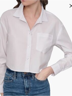 DKNY Jeans Long Sleeve Button Down Cotton Cropped Blouse Shirt in Optic White L